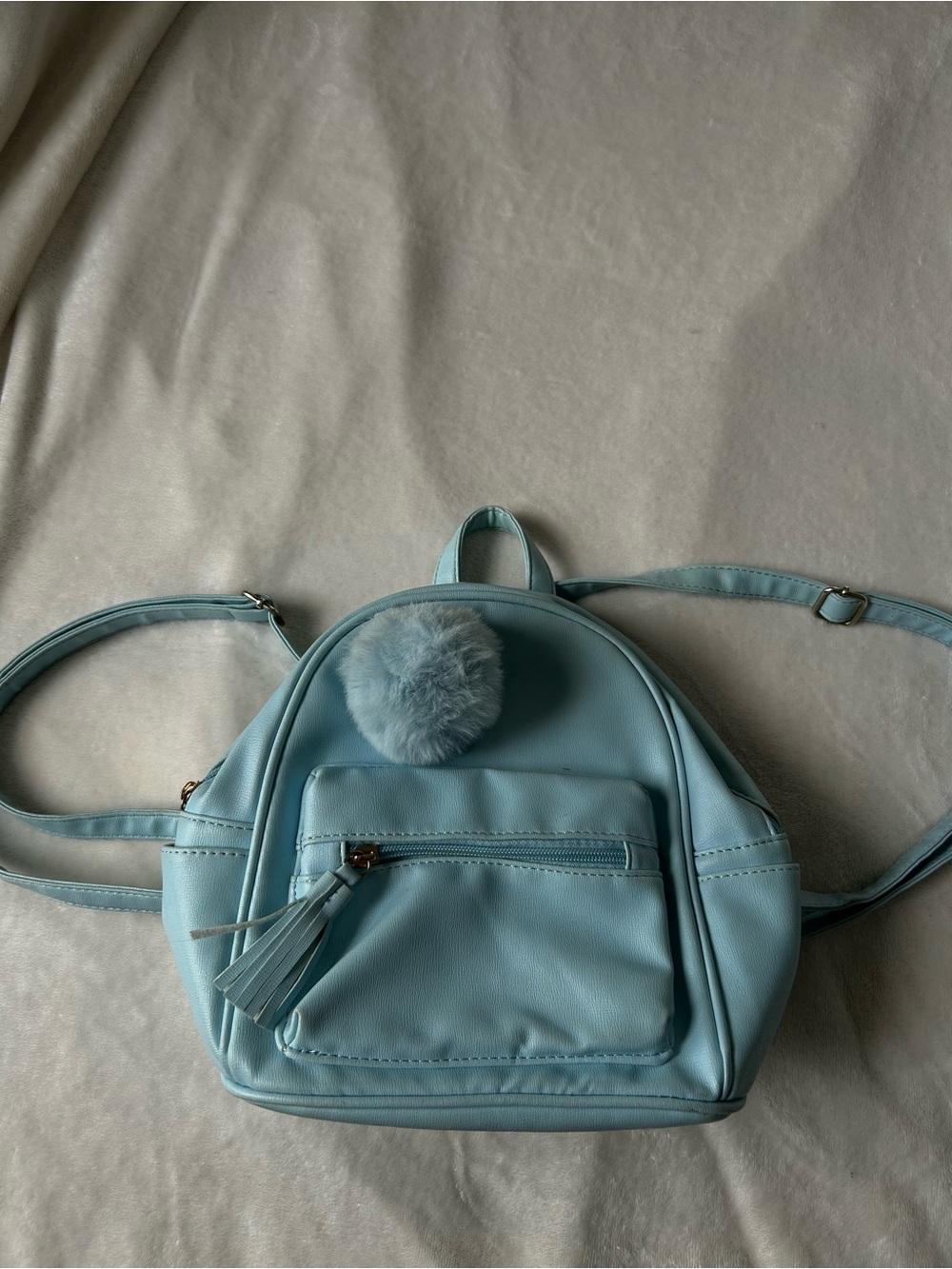Light Blue Women's Mini Backpack with Pom Pom